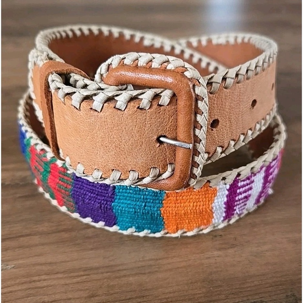 VTG Handcrafted Embroidered Belt W/Whipstitching Leather Unisex Ladies 30-34 Med